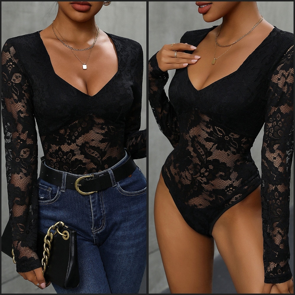 Black Lace Long Sleeve Bodysuit